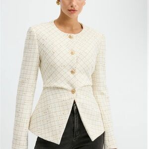 Commense Cream Tweed Cinched Waist Blazer